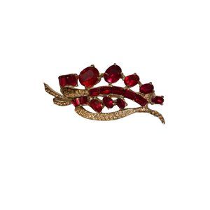 Vintage Joseph Weisner NY Ruby Red Rhinestone Silver Toned Brooch